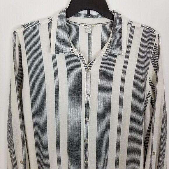 Orvis Women's Long Sleeve Linen Blend Top Blouse Size XL Striped White Blue - Picture 2 of 7